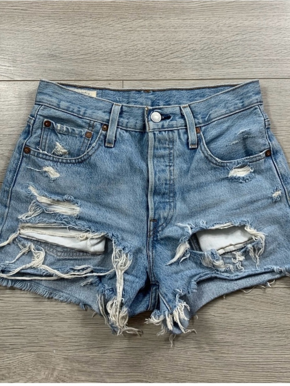 Levi’s 501 High Rise Raw Hem Distressed Button Fly Jean Shorts